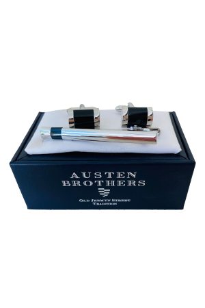 Stainless Steel and Black Enamel Cufflinks and Tieclip